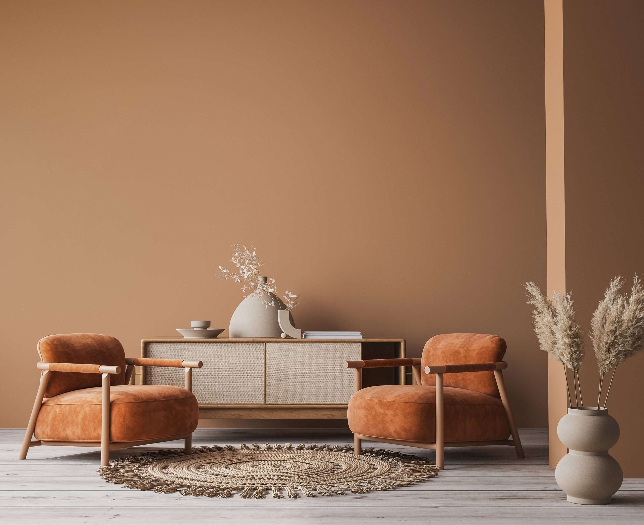 Cozy home interior with wooden furniture on brown background
